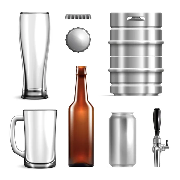 Realistic Beer Mockup Icon Set Glasses Mugs Iron Barrels Bottles — Wektor stockowy