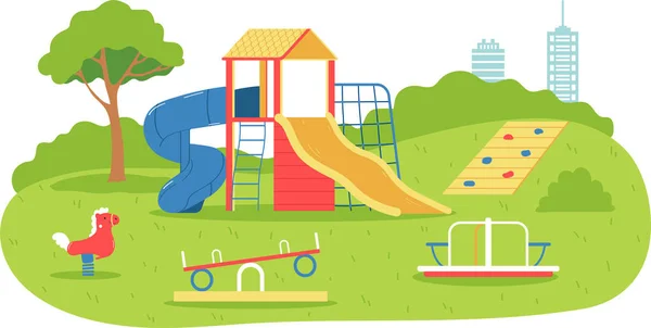 Flat Children Playground Composition Empty Bright Playground Carousel Swings Slides — Vector de stock