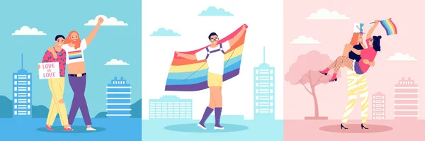 Концепция Lgbt Веселыми Лесбиянками Гей Активистами Идущими Городской Улице Радужным — стоковый вектор