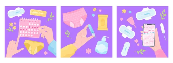 Menstruation Period Hygiene Flat Set Three Square Compositions Flowers Feminine — ストックベクタ