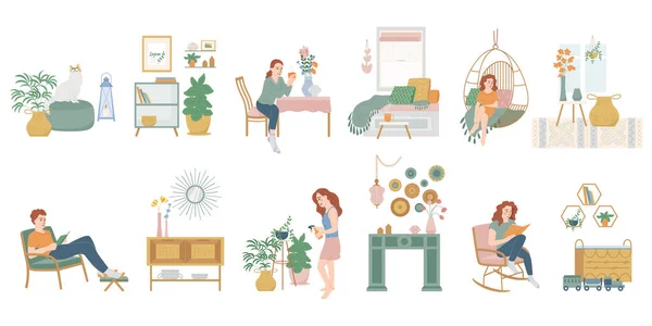 Lagom Life Flat Set Isolated Icons Colored Images House Decorations — Vetor de Stock