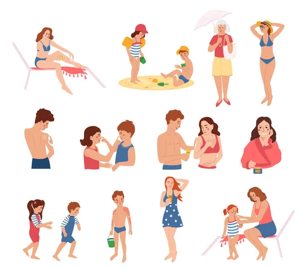 Sun Protection Set Flat Icons Isolated Doodle Characters People Sunscreen — Wektor stockowy