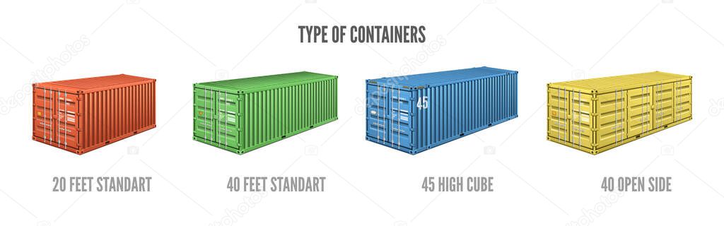 Colourful cargo containers types of different size realistic set isolated vector illustration