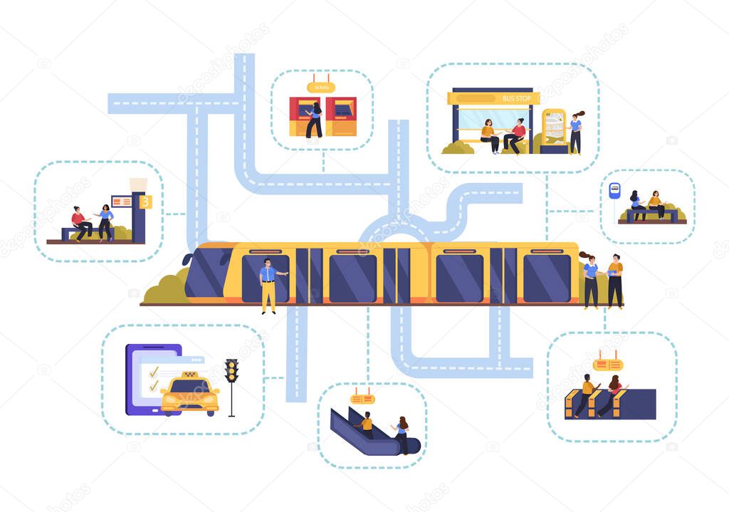 Public transport flat composition with characters of passengers travelling by train bus taxi underground waiting at station vector illustration