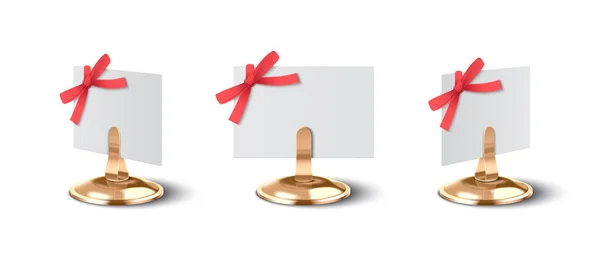 White Empty Paper Place Cards Decorated Red Bow Golden Holder — Vettoriale Stock