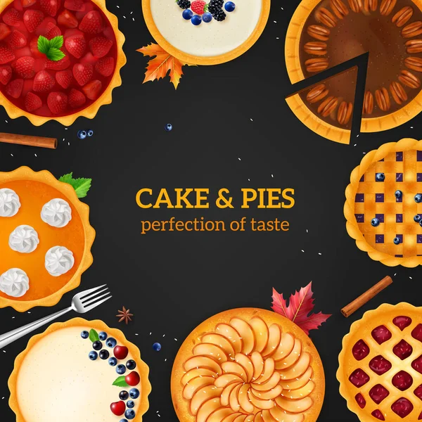 Realistic Baking Cakes Pies Composition Circle Frame Sweets Top Angle — Stockový vektor