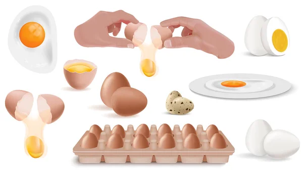 Яйця Готують Реалістичну Ікону Набір Смажених Твердих Варених Сирих Яєць — стоковий вектор