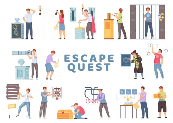 Quest Escape Game Flat Icon Set Visitors Quest Try Pass — Vector de stock