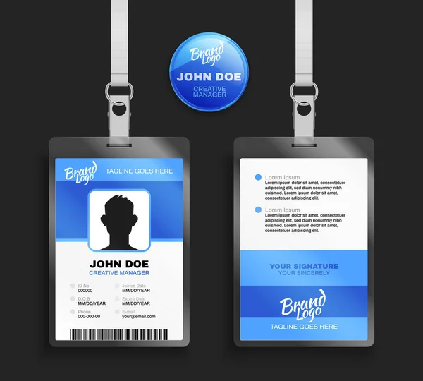 Realistic Set Blue Badge Template Front Back View Identification Card — Stock Vector