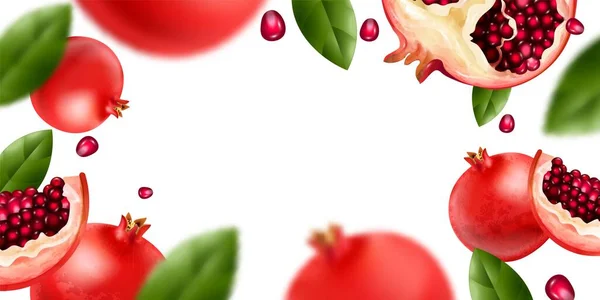 Pomegranate Realistic Horizontal Frame Organic Food Symbols Vector Illustration — Vetor de Stock