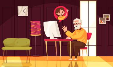 Senior man talking to granddaughter via video chat cartoon vector illustration