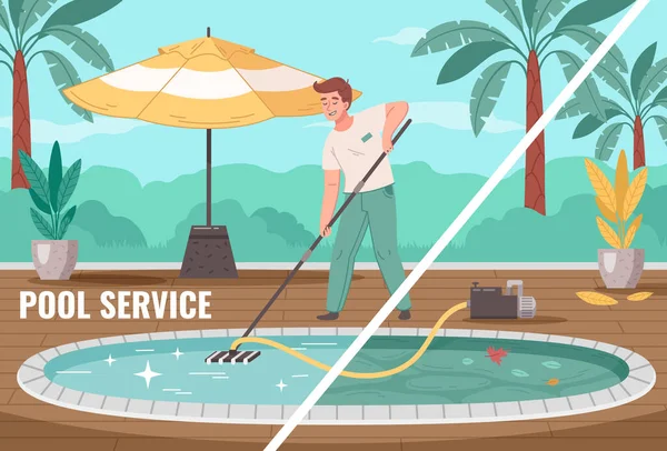 Pool Service Cartoon Composition Man Cleaning Swimming Outdoor Pool Vacuum — Image vectorielle