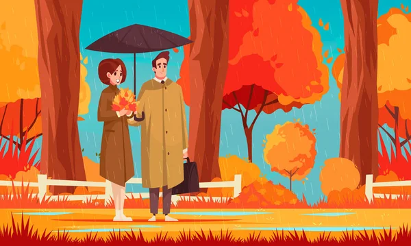Cartoon Composition Happy Couple Bright Autumn Forest Vector Illustration — Vettoriale Stock