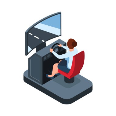 Woman using driving simulator back view 3d isometric vector illustration