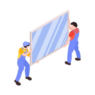 Home renovation isometric icon with two workers carrying new window 3d vector illustration