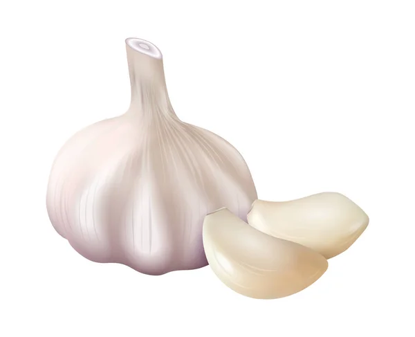 Realistic Whole Garlic Cloves White Background Vector Illustration - Stok Vektor