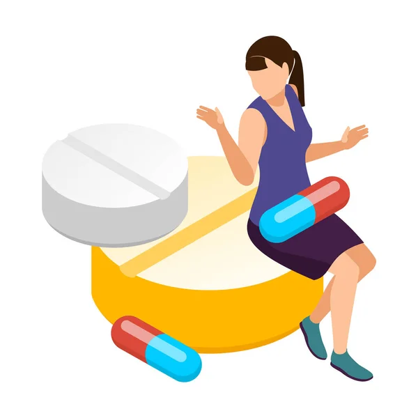 Drug Addiction Isometric Concept Woman Surrounded Pills Capsules Vector Illustration — Vetor de Stock