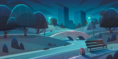 City park at night with bridge bench street lights and buildings in background cartoon vector illustration