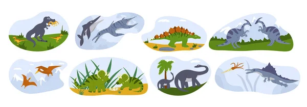 Dinosaur flat set of cartoon compositions with flying armored and reptiles animal characters isolated vector illustration
