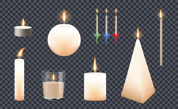 Set Isolated Candles Realistic Icons Transparent Background Burning Flames Different — Vetor de Stock
