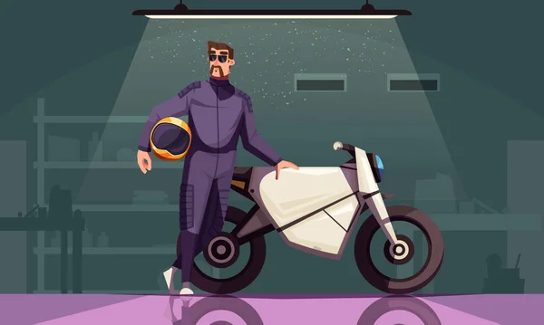 Motorcycle Cartoon Poster Cool Male Biker Garage Vector Illustration — Stock vektor