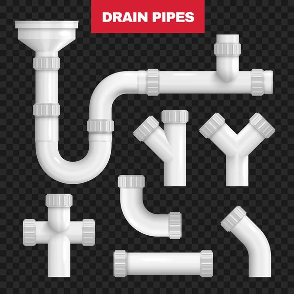 Plastic Drain Pipes Transparent Set Fittings Connection Branching Turns Transitions — Stok Vektör