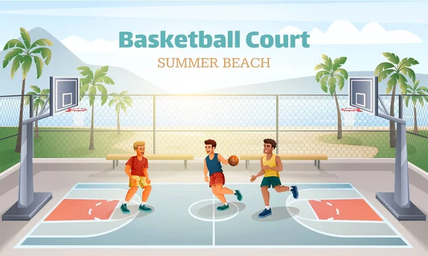 Summer Beach Basketball Court Scenery Tree Players Cartoon Vector Illustration — Stock Vector