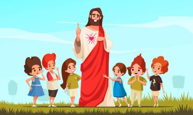 Jesus Christ blessing the kids cartoon scene from children Bible vector illustration