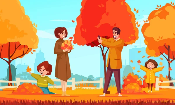 Autumn Cartoon Poster Happy Family Public Park Vector Illustration — Archivo Imágenes Vectoriales