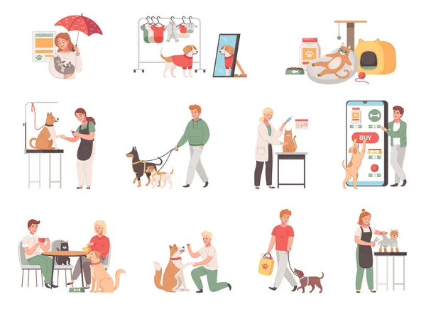 Pet Services Cartoon Set People Care Health Pets Training Walking — Image vectorielle