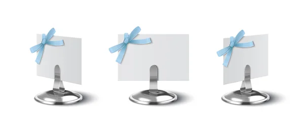 White Paper Place Cards Decorated Blue Bow Metal Holder Realistic — Stockvector