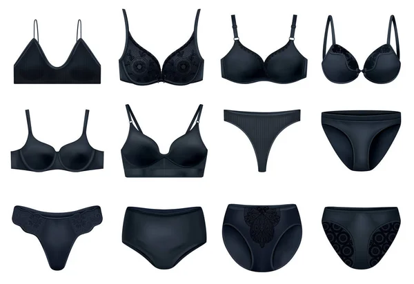 Realistic Lingerie Black Set Isolated Pieces Female Underwear Colored Black —  Vetores de Stock