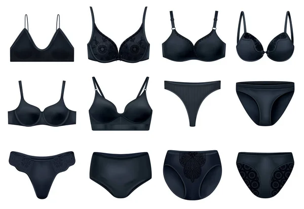 Realistic Lingerie Black Set Isolated Pieces Female Underwear Colored Black — Image vectorielle