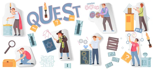 Quest Escape Game Flat Collage Icon Set Different Elements Quest — Wektor stockowy
