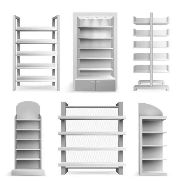 Various Types Realistic White Empty Shopping Racks Stands Isolated Vector — Archivo Imágenes Vectoriales