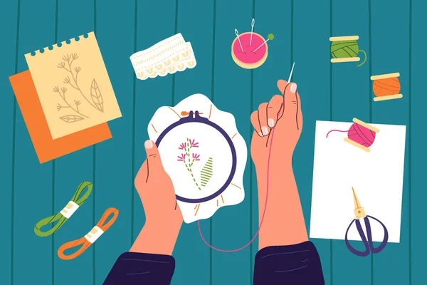 Craft Hobby Flat Background Human Hands Doing Embroidery Various Tools — ストックベクタ