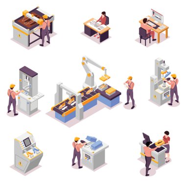 Shoes production set with factory symbols isometric isolated vector illustration