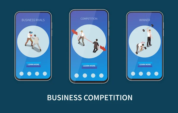 Business Competition Isometric Composition Depicting Three Smartphone Screens Information Rivals — Stock vektor