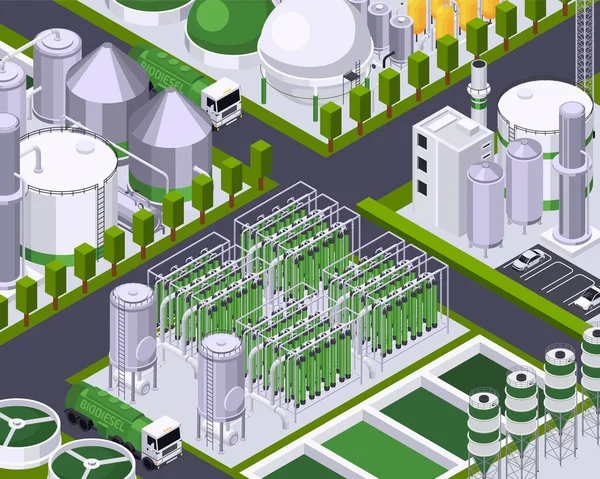 Bio Fuel Production Isometric Composition Outdoor Scenery Factory Buildings Block — ストックベクタ