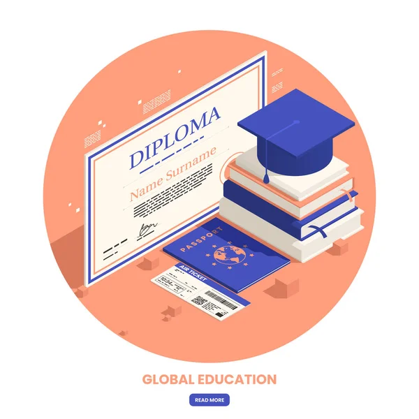 Global Education Student Exchange Composition Isometric Icons Diploma Certificate Books — Stock Vector