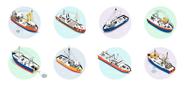 Isometric Set Compositions Commercial Fishing Boats Sea Isolated Vector Illustration — Wektor stockowy