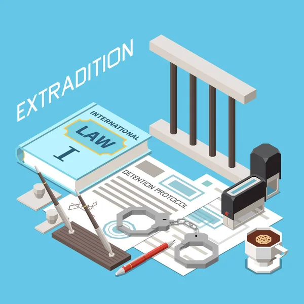 Extradition Isometric Design Concept International Law Book Seal Detention Protocol — Vetor de Stock