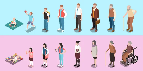 People Generations Isometric Set Women Men Characters Different Ages Baby — Stockvector