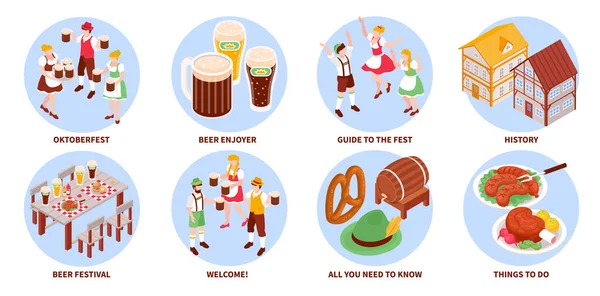 Isometric Oktoberfest Festival Composition Set Traditional Beer Food Isolated Vector — стоковий вектор