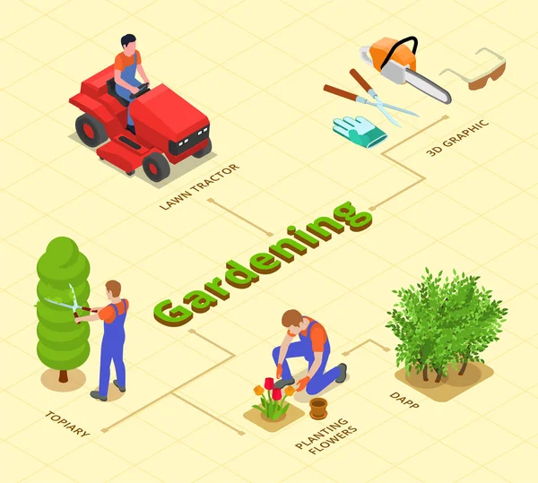 Gardening Isometric Flowchart Depicting Lawn Tractor Topiary Planting Flowers Professional — Vettoriale Stock