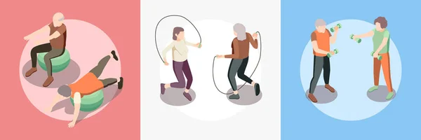 Old People Fitness Square Set Health Energy Symbols Isometric Isolated — Vetor de Stock