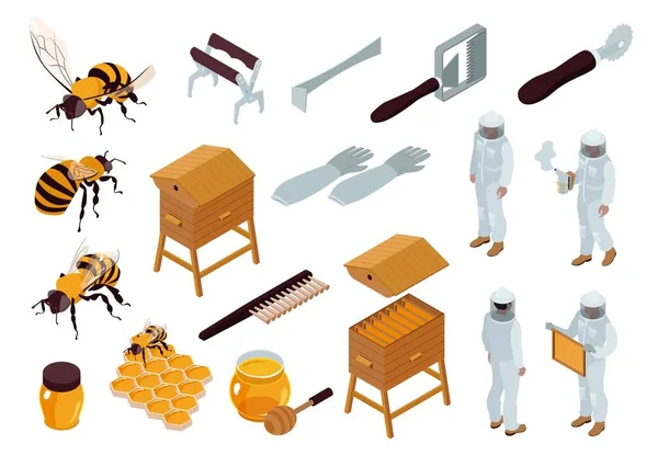 Isometric Beekeeping Apiary Isometric Set Bees Jars Honey Hives Beekeepers — Archivo Imágenes Vectoriales