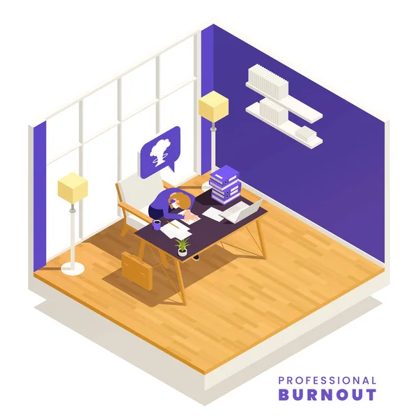 Professional Burnout Syndrome Isometric Concept Tired Person Sleeping Office Vector —  Vetores de Stock