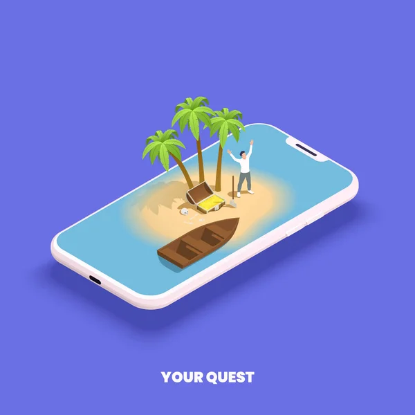 Treasure Hunt Game Concept Mobile Phone Happy Person Found Chest — 图库矢量图片