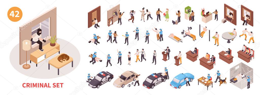 Isometric criminal set with crime police and prison scenes isolated vector illustration